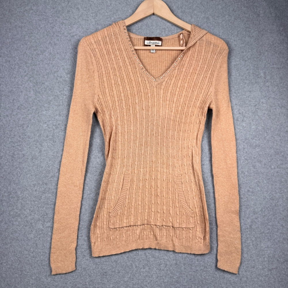Vintage Y2K Aeropostale Hoodie Sweater Womens Medium Tan Sequin VNeck Cable Knit